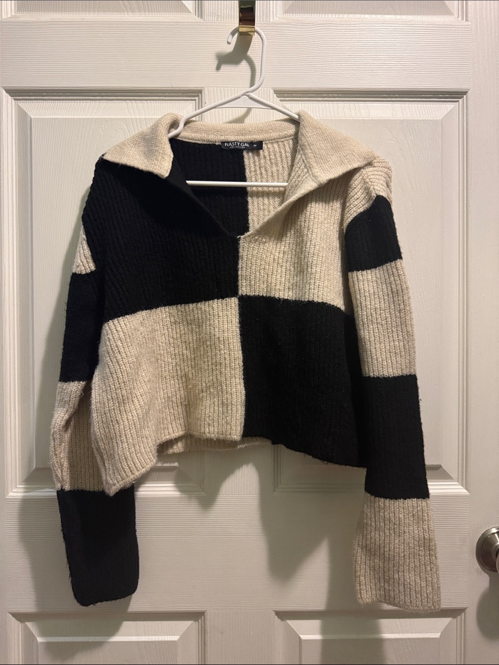 Nasty Gal Black & Cream Checker Knit Sweater